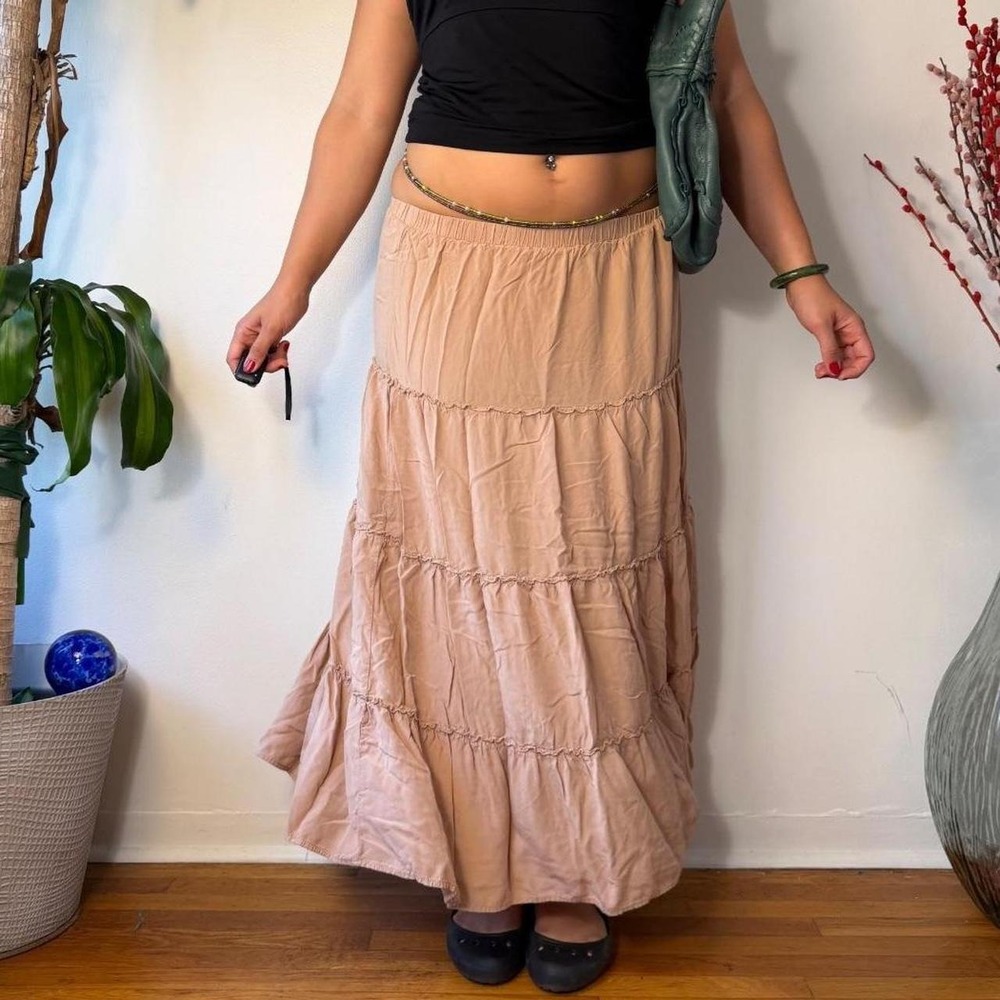 Be Cool Tan Tiered Boho Maxi Skirt 90s Y2K Granola Whimsy Flowy Rayon L